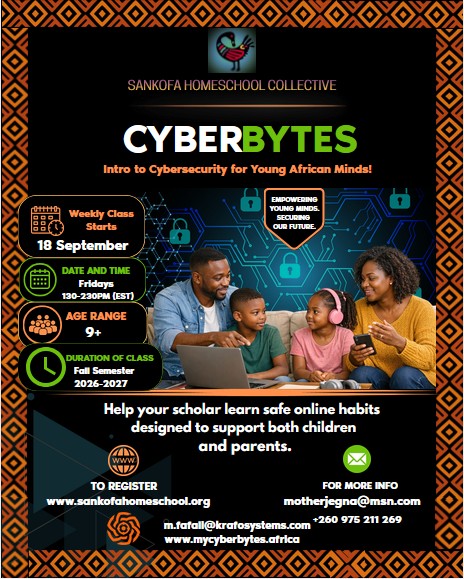 CyberBytes — Intro to Cybersecurity for Young African Minds. Official class flyer from Sankofa Homeschool Collective. Starts September 18, 2026, Fridays 1:30–2:30 PM EST, ages 9+.